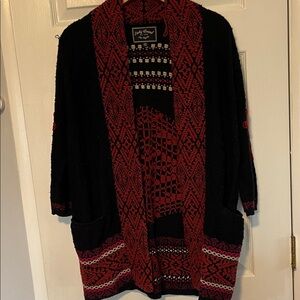 Lucky Brand Black and Red Patterned Open-Front Cardigan